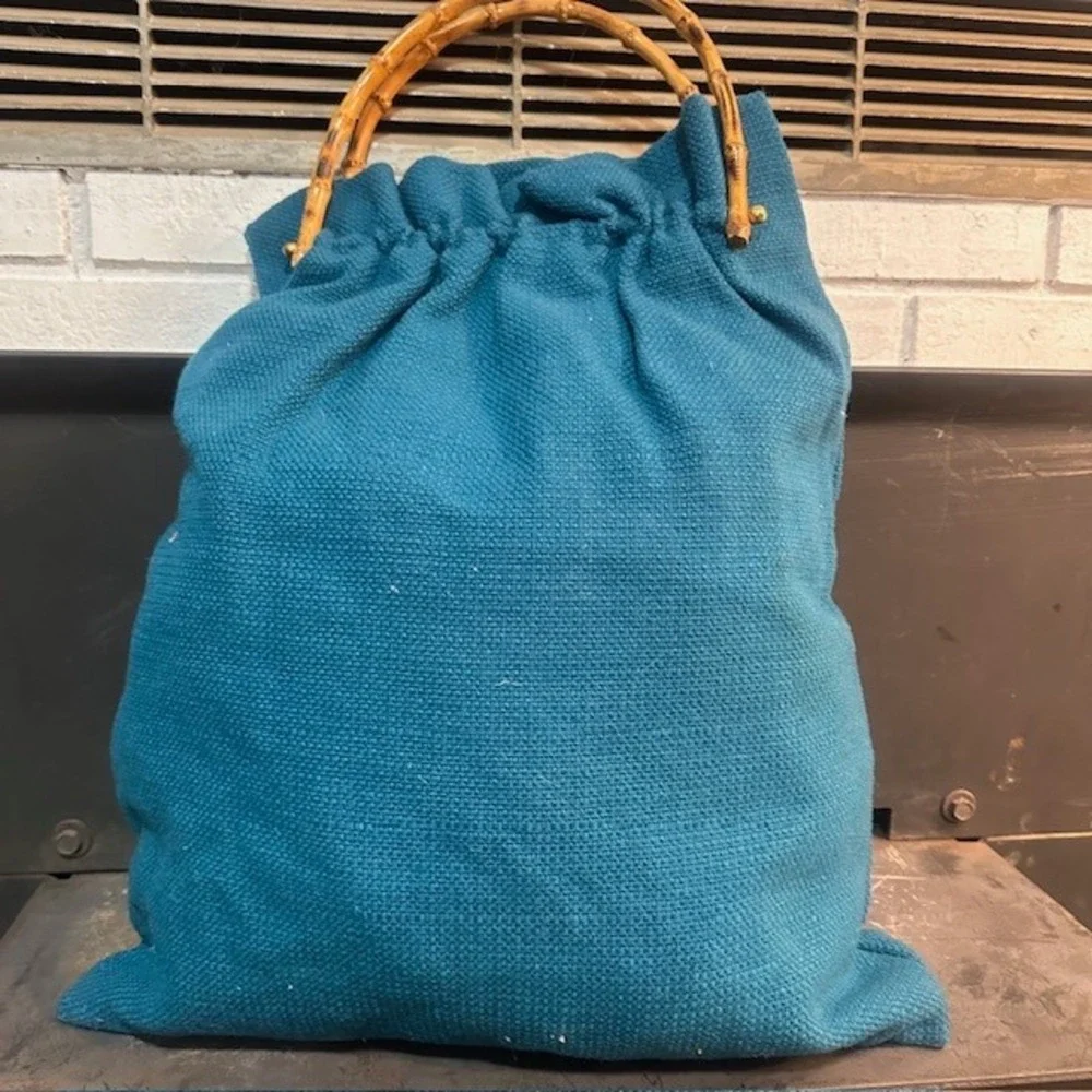 Vintage Unique Teal Embroidered Tote Bag Bamboo Handles Boho Style‎ - Picture 5 of 9
